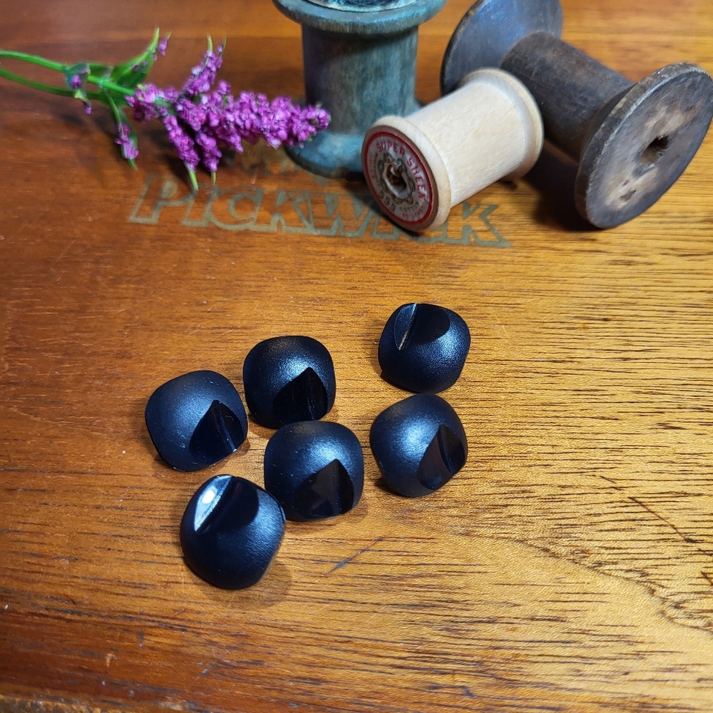 Vintage Black Square Domed Notched Plastic Shank Sewing Buttons ~ 6 Pieces